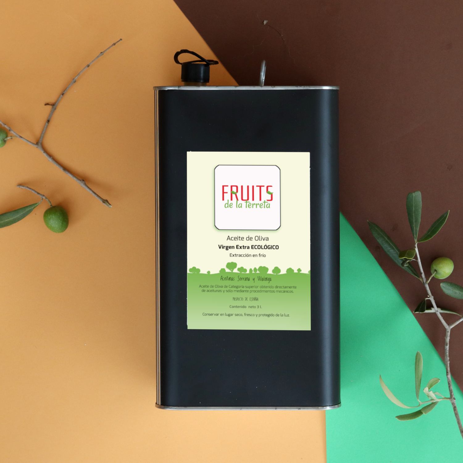 Lata de Aceite de Oliva Virgen Extra Ecológico Fruits de la Terreta, 3 litros